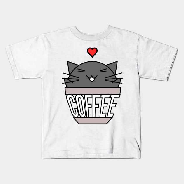 Happy cat in coffee cup with warped text heart on head black Kids T-Shirt by coffeewithkitty